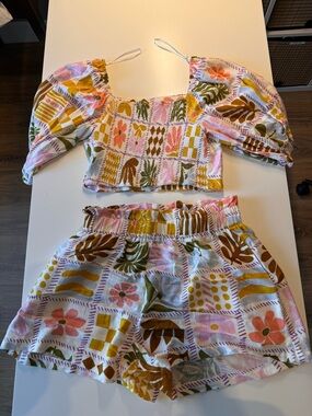 Floral Patchwork Puff Sleeve Crop Top & Shorts Set - Pink, Mustard, Olive